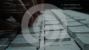 Close-Up of Hands Typing on Keyboard with Coding Lines in Background, Showcasing Programming, Technology, and Digital