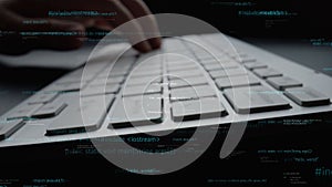 Close-up of Hands Typing on a Keyboard with Coding Symbols in the Background, Representing Programming, Technology, and