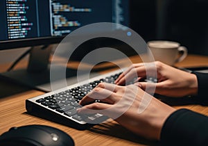 Close up of hands typing on a keyboard with computer code on the screen
