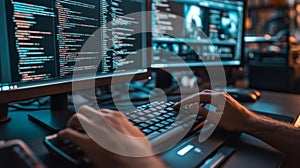 Close-up of hands typing on a keyboard in front of a computer screen with code displayed