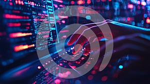 Hands typing on a keyboard with glowing red and blue code on the screen