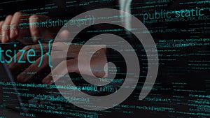 Hands Typing on Keyboard Surrounded by Lines of Code in a Dark Digital Environment, Representing Programming, Technology