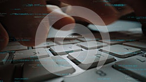 Close-up of Hands Typing on Keyboard with Overlay of Code and Digital Data, Representing Technology, Programming, and