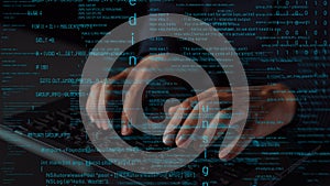 Close-Up of Hands Typing on a Keyboard Surrounded by Digital Code and Programming Language Text in a Dark Environment
