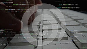 Close-Up of Hands Typing on Keyboard Surrounded by Digital Code and Programming Syntax, Showcasing Technology and