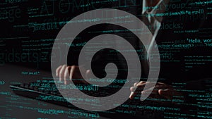 Hands Typing on Keyboard with Code Overlay Symbolizing Software Development in a Dark Environment, Representing