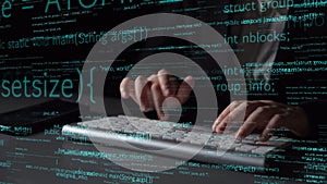 Close-Up of Hands Typing on Keyboard Surrounded by Lines of Code and Algorithms Representing Software Development and