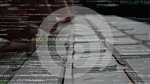 Close-up of Hands Typing on a Keyboard Surrounded by Lines of Code and Programming Syntax in a Dark Environment