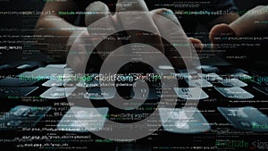 Close-Up of Hands Typing on Keyboard Surrounded by Lines of Code and Programming Syntax in Dark Environment for