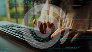 Close-up of Hands Typing on Keyboard Surrounded by Lines of Code Representing Computer Programming and Software