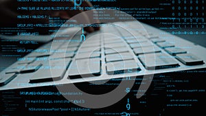 Close-up of Hands Typing on Keyboard Surrounded by Programming Code and Data Streams in a Modern Tech Environment for