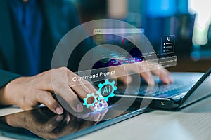 Close-up of hands typing on laptop with artificial intelligence interface,data analytics dashboard,and digital automation concept