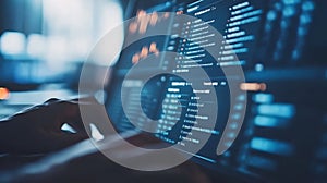 Close Up Hands Typing on Laptop with Blue Code on Screen