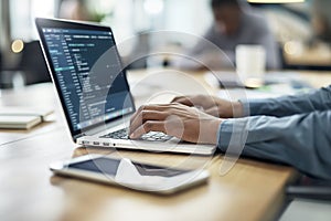 Close-up of hands typing on a laptop with code on the screen in an office