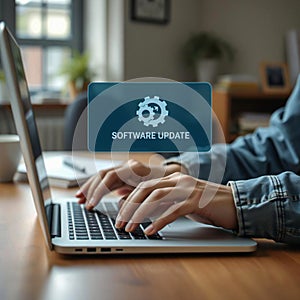 Person updating software on a laptop with a digital interface