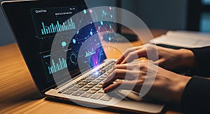 Data analysis on laptop screen with holographic network visualization and hands typing