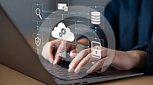 Person typing on laptop with cloud computing and data security icons technology computer