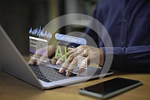 Close-up of hands typing on laptop with futuristic AI interface, data visualization, and