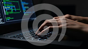 Close-up of hands typing on laptop keyboard with code on screen