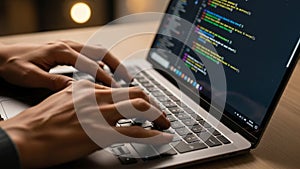 Close-up of hands typing on laptop keyboard with code on screen