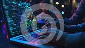 Software developer programming secure code on laptop in office at night