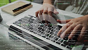 Hands typing on a laptop keyboard with code on the screen, demonstrating programming, technology, and software