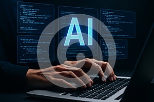 Hands typing on a laptop with ai displayed on screen surrounded by code snippets in the background