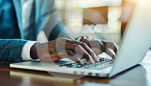 Close up of hands typing on laptop keyboard with open web browser for efficient work