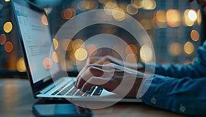 Close up of hands typing on laptop keyboard with an open web browser for productive work