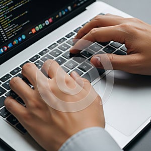 Close-up of hands typing on a laptop keyboard. The screen displays lines of code,