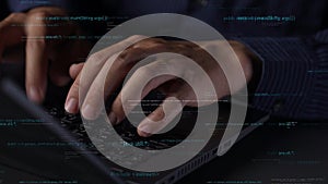 Close-up of Hands Typing on Laptop Keyboard Surrounded by Digital Code and Programming Language Syntax in a Modern