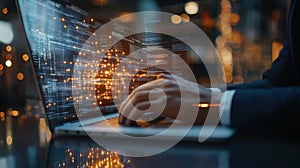 Man's Hands Typing on Laptop with Glowing Digital Data Stream at Night AI-generated