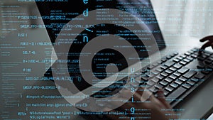 Close-Up of Hands Typing on a Laptop Surrounded by Digital Code and Programming Syntax in a Dark Setting xenic