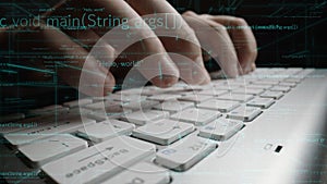 Close-Up of Hands Typing on Modern Keyboard with Code Overlay and Digital Elements Representing Programming and