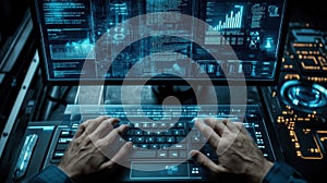 Software developer programming futuristic transparent keyboard and computer interface