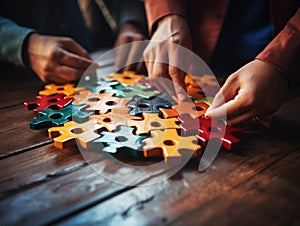 Close up hands of unknown people assembling jigsaw puzzle