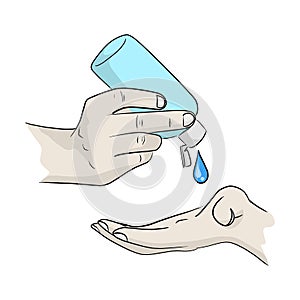 Close-up hands using alcohol hand sanitizer gel dispenser to protect Covid-19 virus vector illustration sketch doodle hand drawn