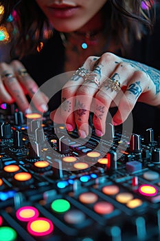 Close-Up of Hands Using a Colorful DJ Mixer Control Panel