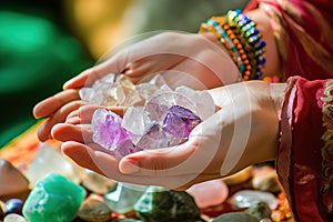 Close-up of hands using crystal therapy on a client