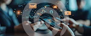 Close-up of hands using mobile devices with digital network interface in a modern technology setting