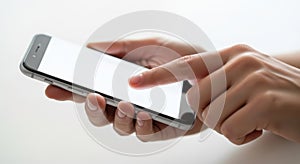 Close up of hands using a modern smartphone touching the blank screen for app navigation