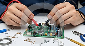 Hands testing electronic circuit board with multimeter and tools