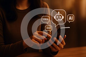 Close-up of Hands Using Smartphone with Chatbot AI and Robot Icon Interface artificial intelligence