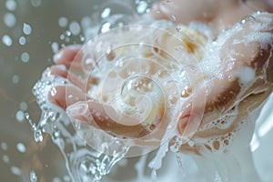 Close-up of hands washing with soap and water