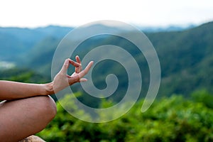 Close up hands. Woman do yoga lifestyle balance practicing and zen in outdoor. Woman exercising vital and meditation for fitness l