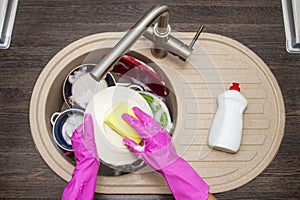 Close up hands of woman washing dishes in kitchen. Hands in red rubber gloves washing the dishes. Top view