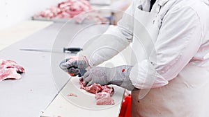 View of a worker in meat factory, chopped a fresh beef meat in pieces on metal work table, industry of processing food