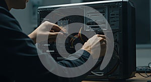 person repairing or assembling computer hardware inside a desktop pc case