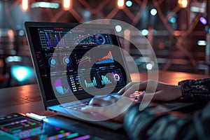 Close-up of hands working on computer under colorful lighting a glowing digital interface. photo