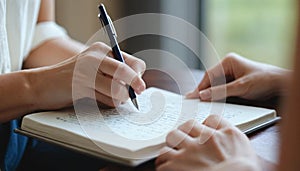Close-up of hands writing in a notebook during daytime study session